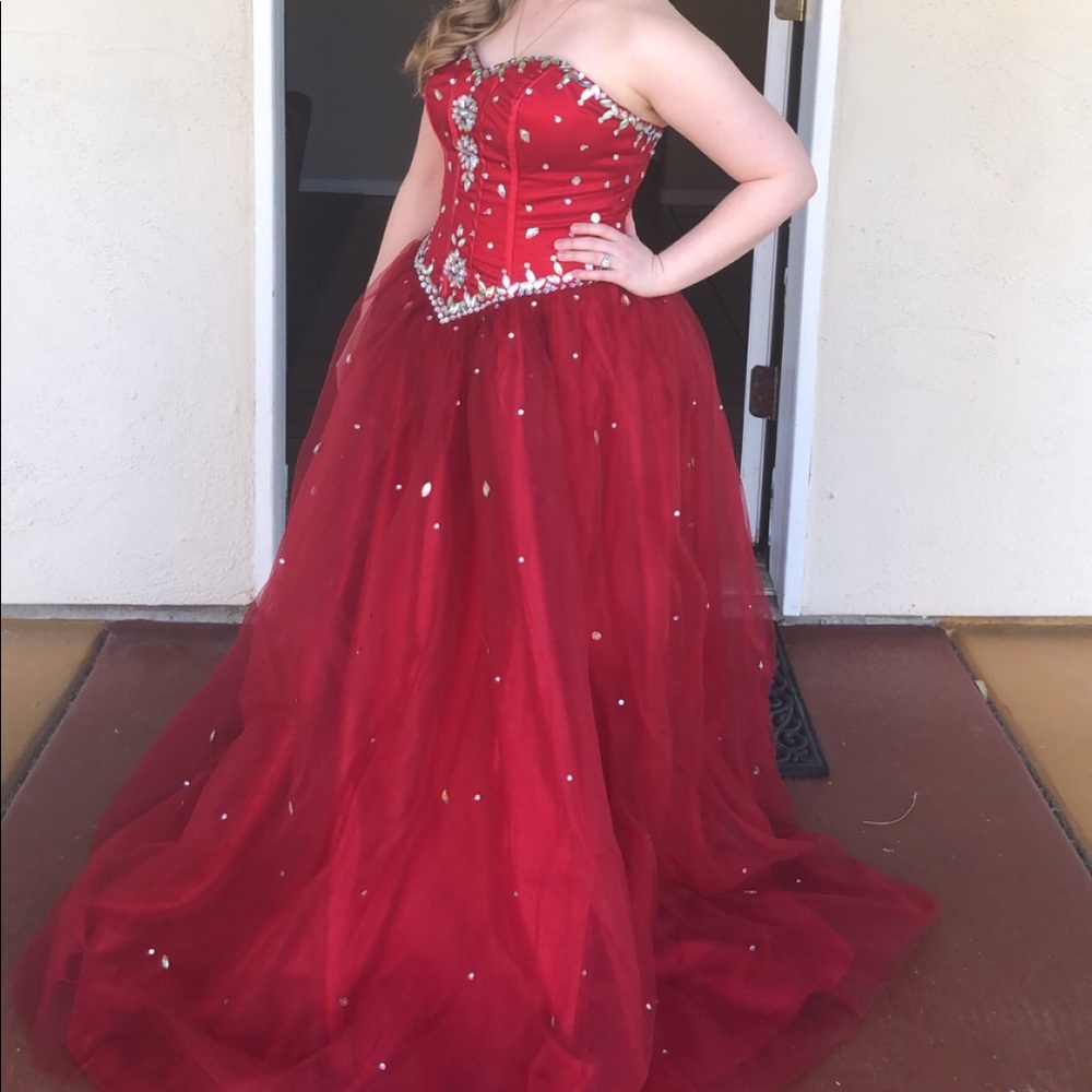 Red lace back corset dress